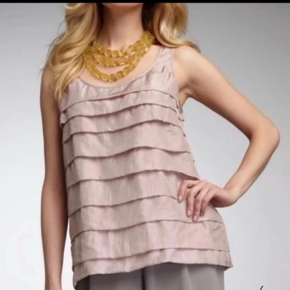 Eileen Fisher Ruffle Tiered Tank Top Blouse Blush Pink 100% Silk Size PL